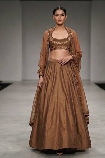Brown Dupion Silk Embroidered Blouse Lehenga Set