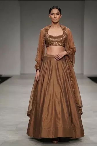 Brown Dupion Silk Embroidered Blouse Lehenga Set