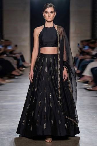 Black Embroidered Dupion Silk Lehenga Set