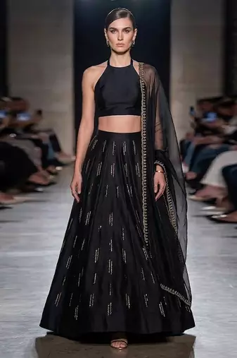 Black Embroidered Dupion Silk Lehenga Set
