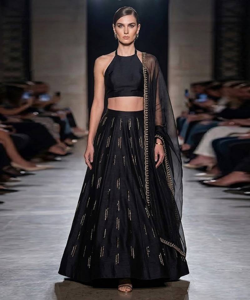Black Embroidered Dupion Silk Lehenga Set