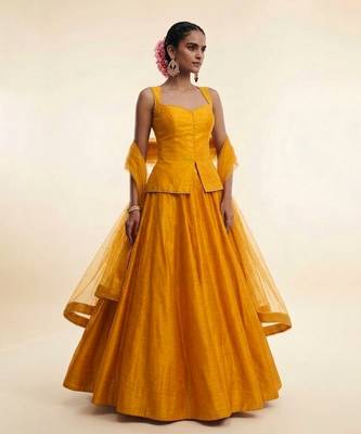 Mustard Yellow Dupion Silk Lehenga Set 1