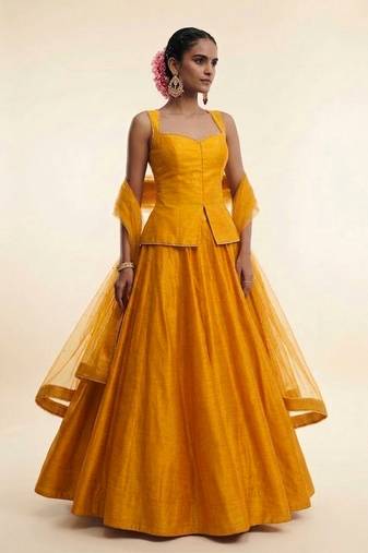 Mustard Yellow Dupion Silk Lehenga Set