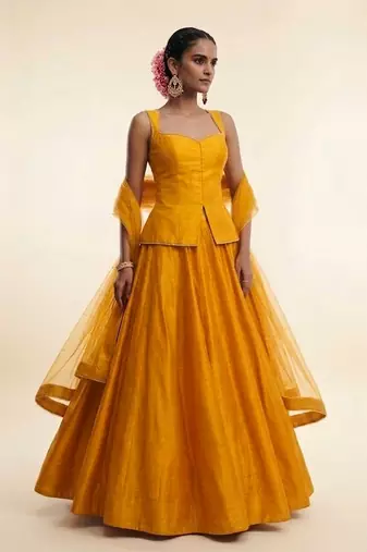 Mustard Yellow Dupion Silk Lehenga Set
