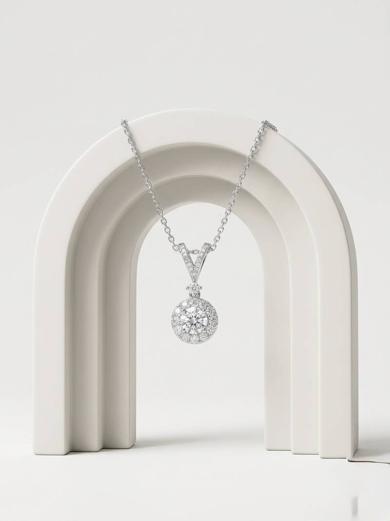 925 Sterling Silver Halo Pendant Necklace Set , Round Cubic Zirconia Solitaire  Pendant Necklace 
