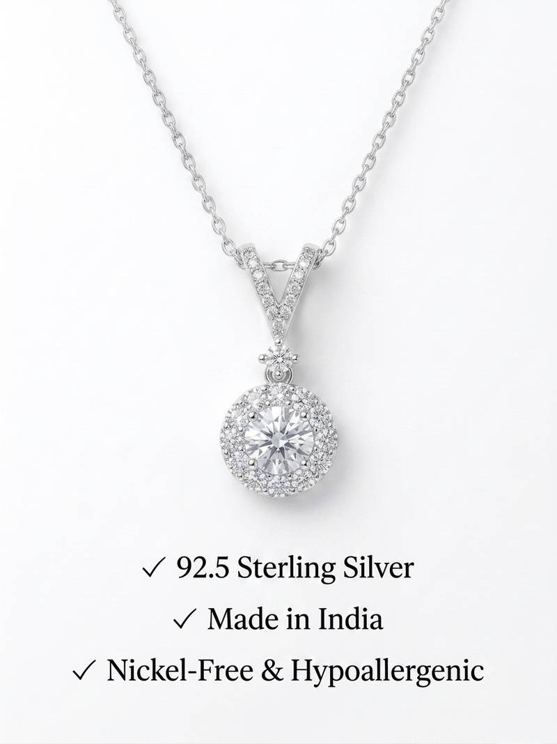 925 Sterling Silver Halo Pendant Necklace Set , Round Cubic Zirconia Solitaire  Pendant Necklace 