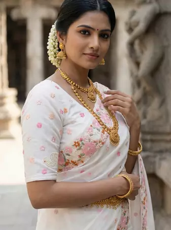 White embroidered chiffon saree set
