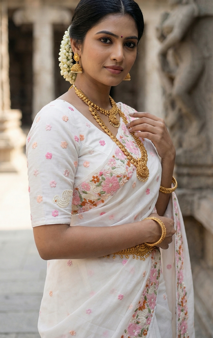 White embroidered chiffon saree set