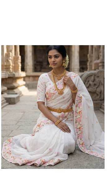 White embroidered chiffon saree set 3