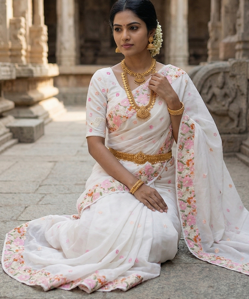 White embroidered chiffon saree set