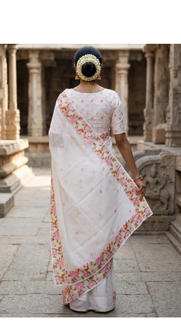 White embroidered chiffon saree set 4