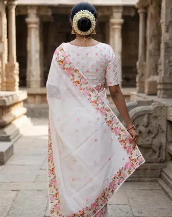 White embroidered chiffon saree set