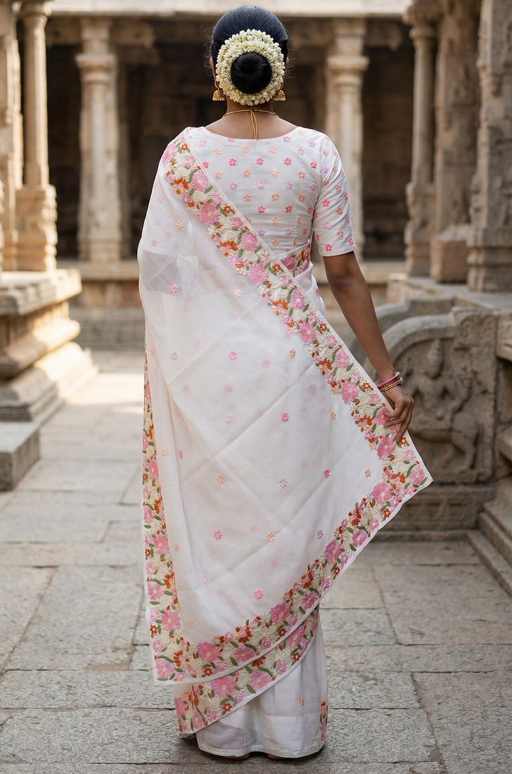 White embroidered chiffon saree set