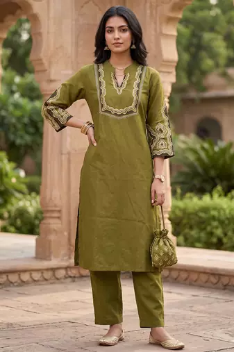 Women's floral yoke design thread work straight kurta with trousers