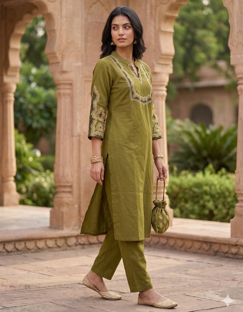 Women's floral yoke design thread work straight kurta with trousers