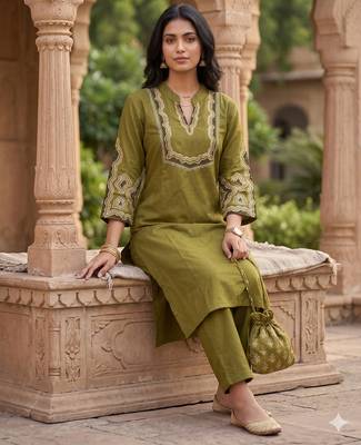 Women's floral yoke design thread work straight kurta with trousers 3