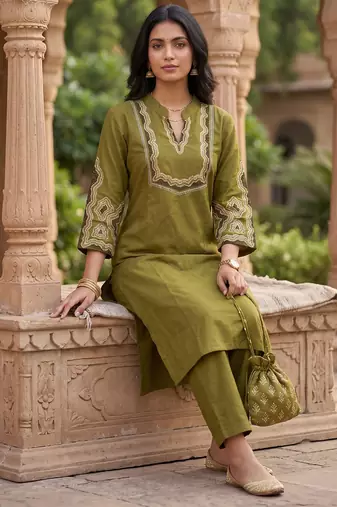 Women's floral yoke design thread work straight kurta with trousers