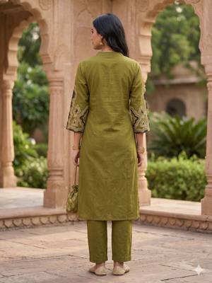 Women's floral yoke design thread work straight kurta with trousers 5