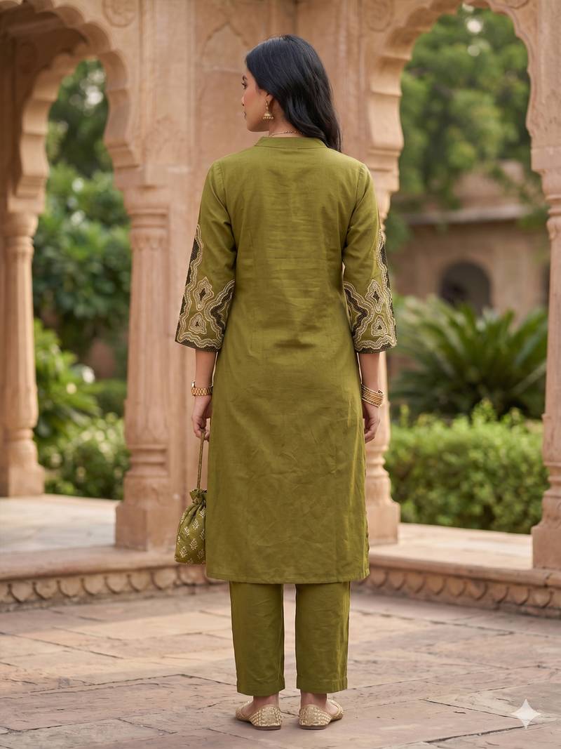 Women's floral yoke design thread work straight kurta with trousers