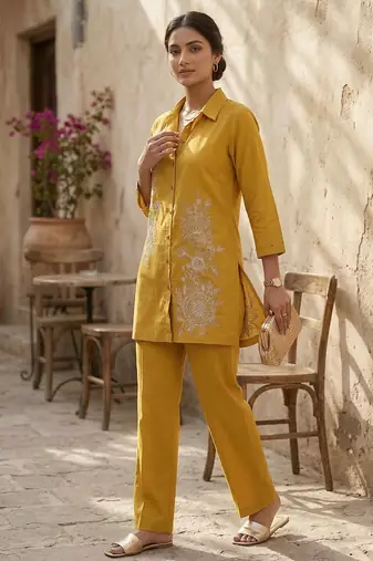 Riwomen's yellow ethnic motif embroidered tunic with straight fit trousers