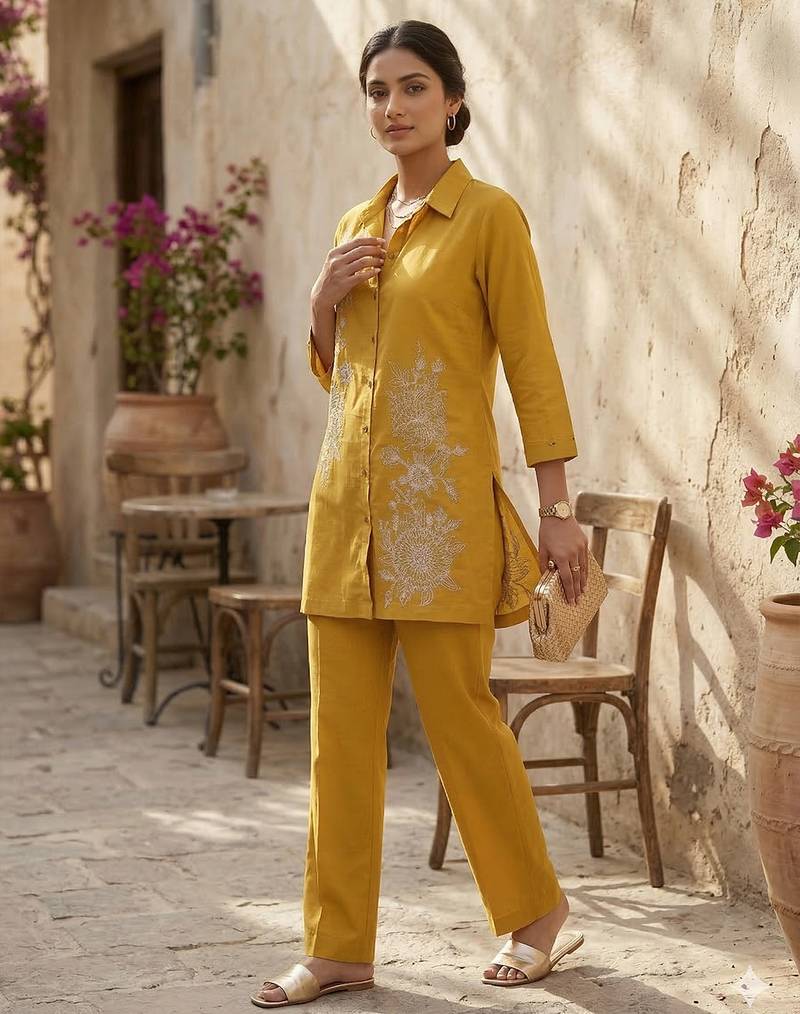 Riwomen's yellow ethnic motif embroidered tunic with straight fit trousers