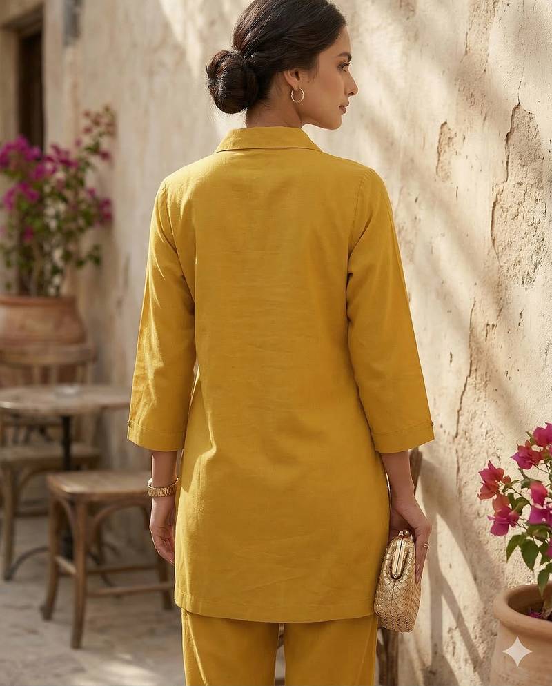 Riwomen's yellow ethnic motif embroidered tunic with straight fit trousers