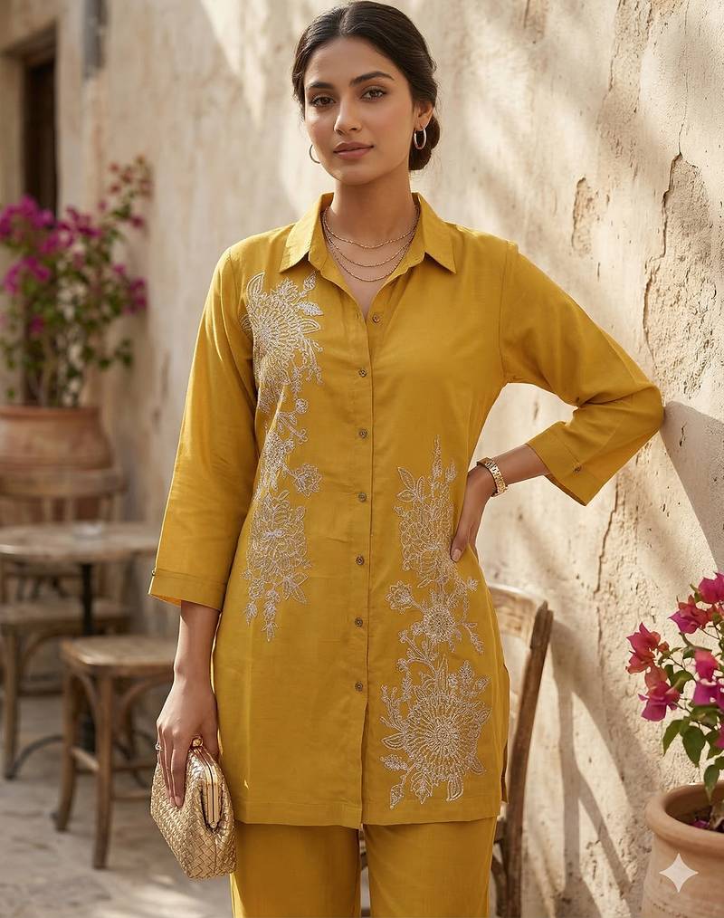 Riwomen's yellow ethnic motif embroidered tunic with straight fit trousers