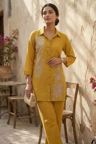 Riwomen's yellow ethnic motif embroidered tunic with straight fit trousers