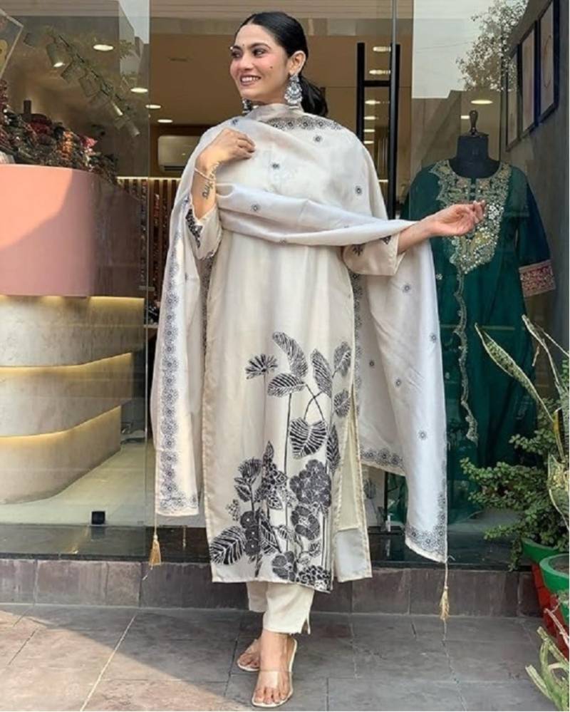 White viscose rayon digital print kurti pant set with mal chanderi dupatta
