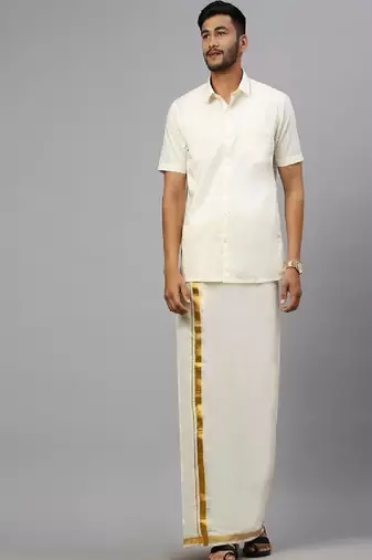 Cream plain cotton regular fit dhoti