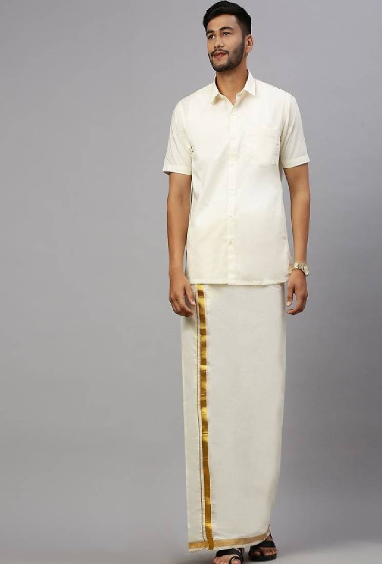 Cream plain cotton regular fit dhoti
