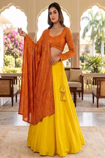 Women's Orange Lehenga Choli Set with Sequin Embroidery Work