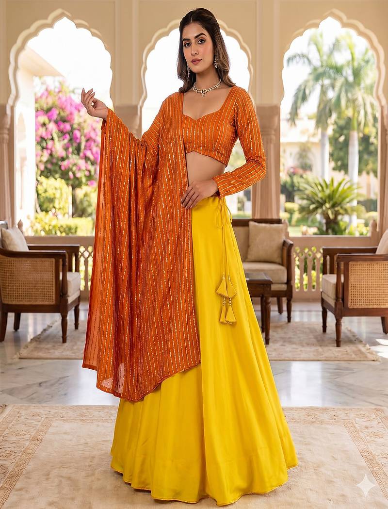 Women's New Orange Designer Lehenga Choli Set with Sequin Embroidery Work