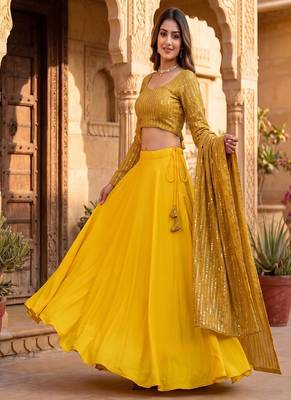 Women's Gold Lehenga Choli Set with Sequin Embroidery Work 1