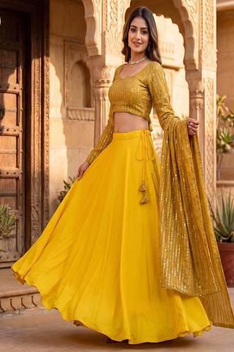 Women's New Gold Designer Lehenga Choli Set with Sequin Embroidery Work