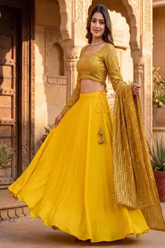 Women's Gold Lehenga Choli Set with Sequin Embroidery Work