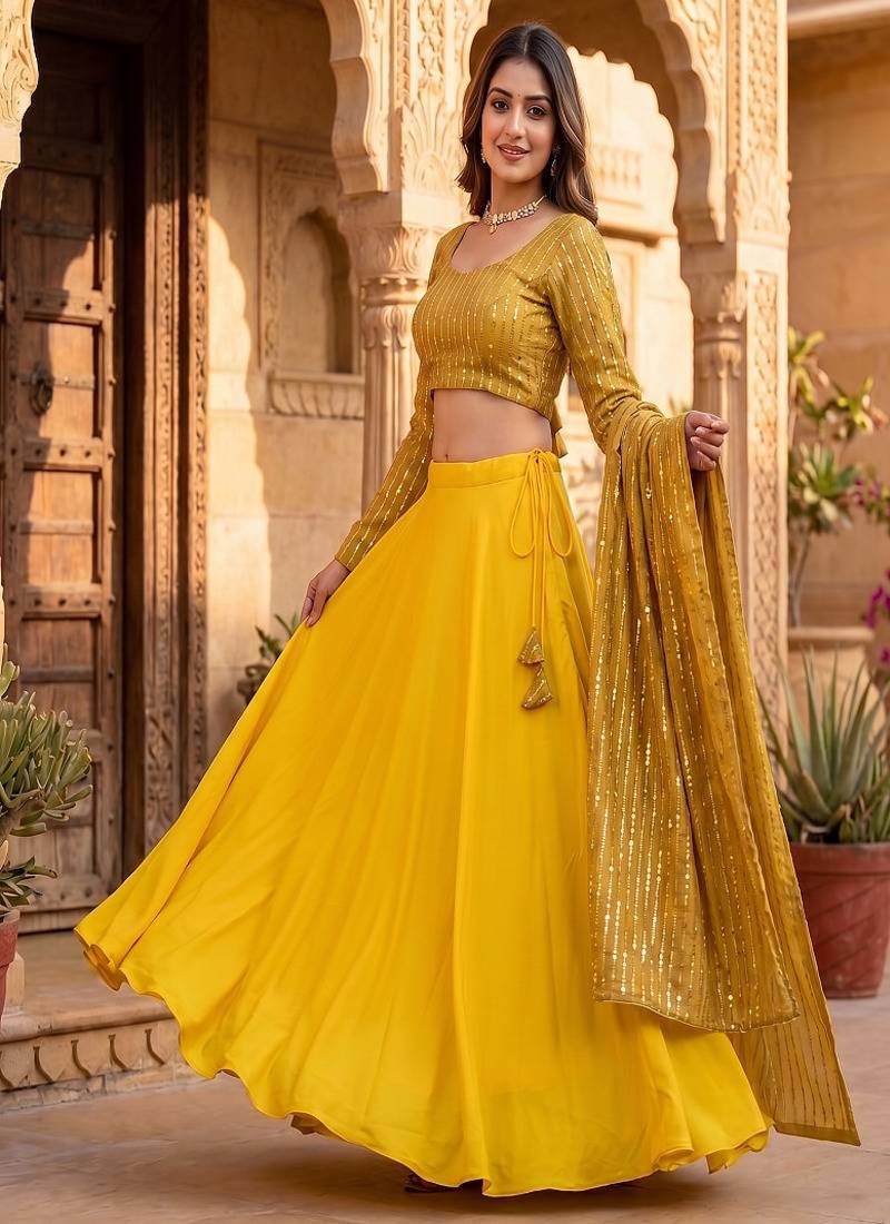 Women's New Gold Designer Lehenga Choli Set with Sequin Embroidery Work