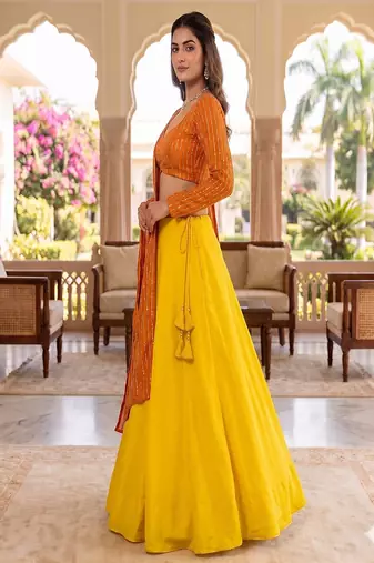 Women's Orange Lehenga Choli Set with Sequin Embroidery Work