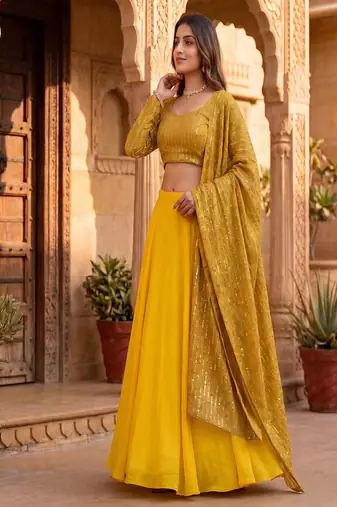 Women's Gold Lehenga Choli Set with Sequin Embroidery Work