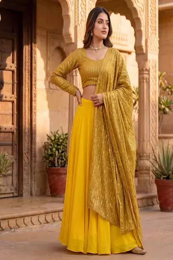 Women's Gold Lehenga Choli Set with Sequin Embroidery Work