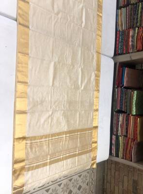 Cream art silk woven saree with hand print 2
