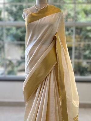 Cream art silk woven saree with hand print 4
