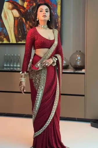 Red georgette embroidered saree with sequins work