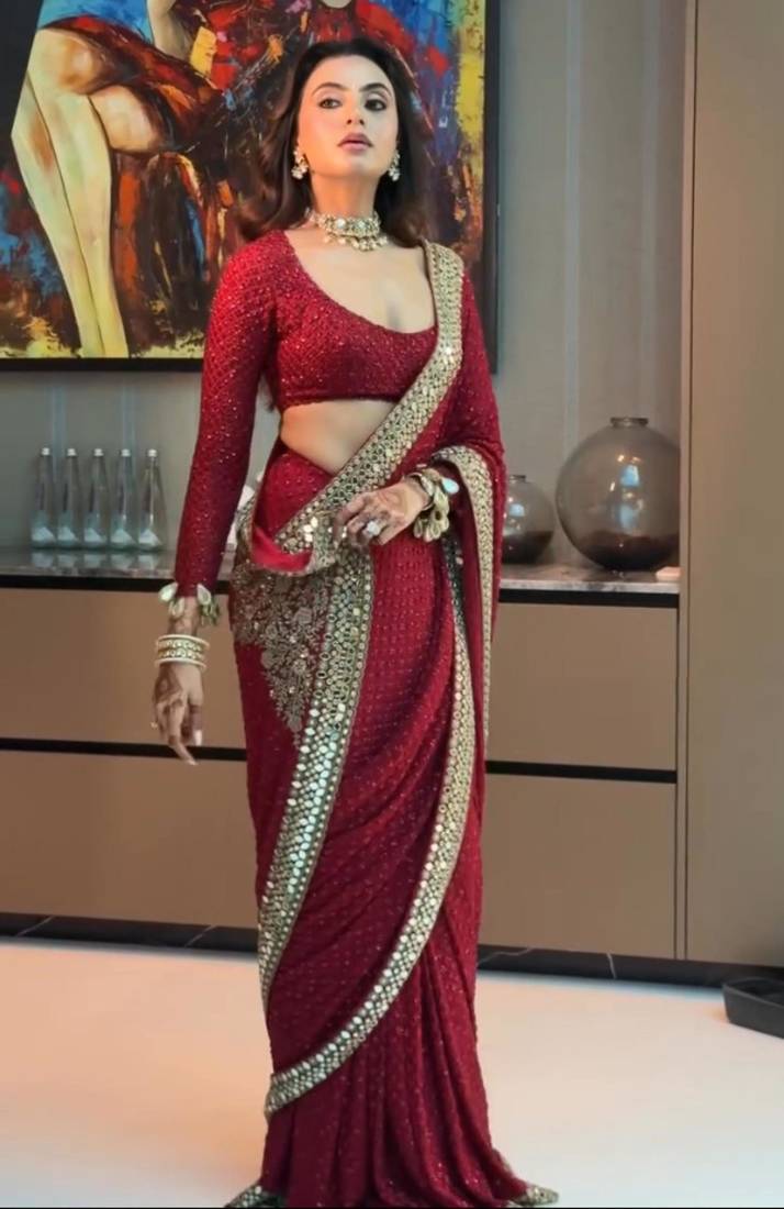 Red georgette embroidered saree with sequins work