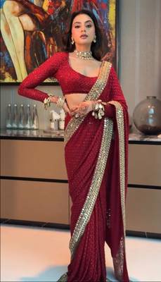 Red georgette embroidered saree with sequins work 2