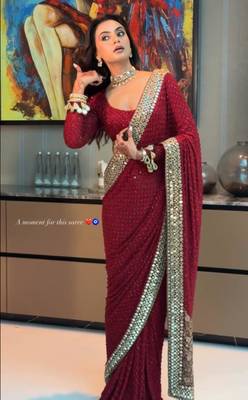 Red georgette embroidered saree with sequins work 3