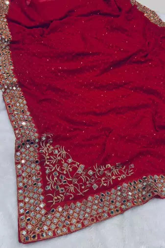 Red georgette embroidered saree with sequins work