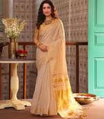 Cream art silk woven saree with zari work