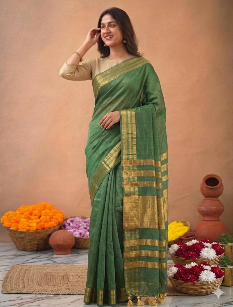 Green art silk woven saree with zari work
