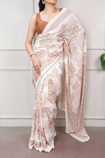 White fabric of saree printed saree with floral print
